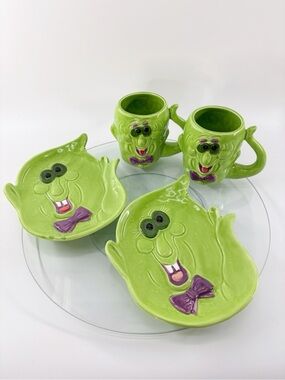 Vintage Fitz & Floyd Omnibus Halloween Ghost Goblin Face Mug Green Ceramic 1990s